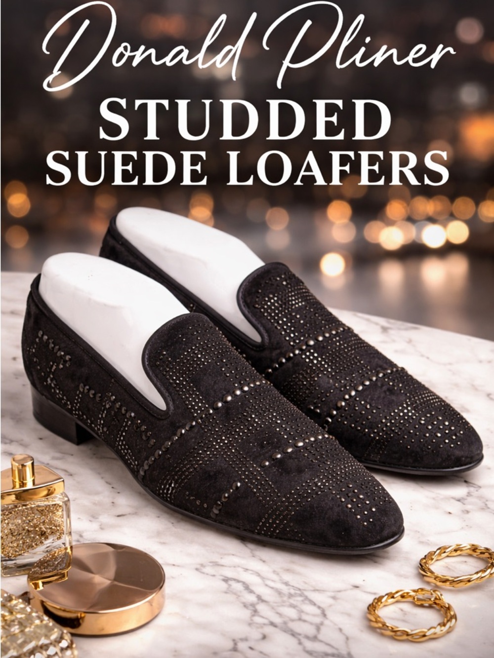 Donald Pliner LIBBISP Crystal Grid Loafers Black Suede Slip On 9.5